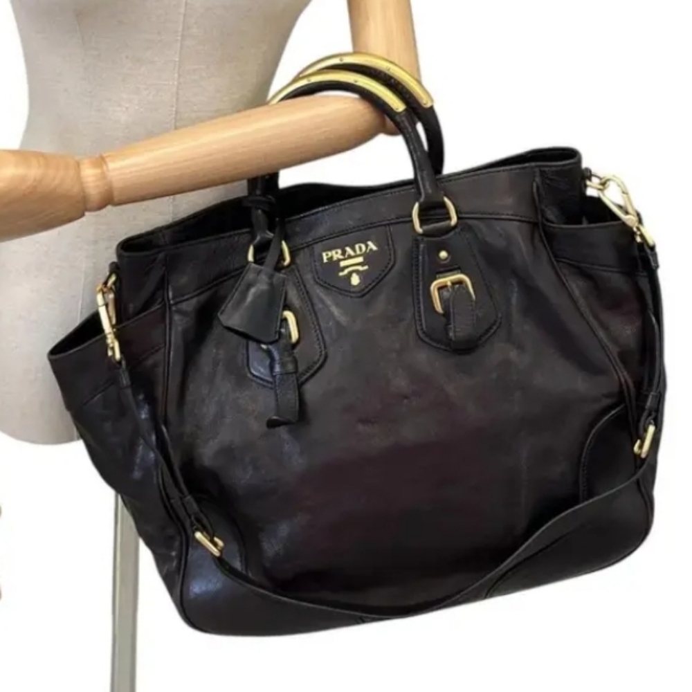 Prada Dark Brown Leather Shoulder Bag with Gold Hardware